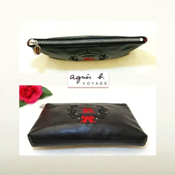 Agnes b. Voyage Black Genuine Leather Mini Clutch Purse Red Silver Embroidery - Picture 5 of 10